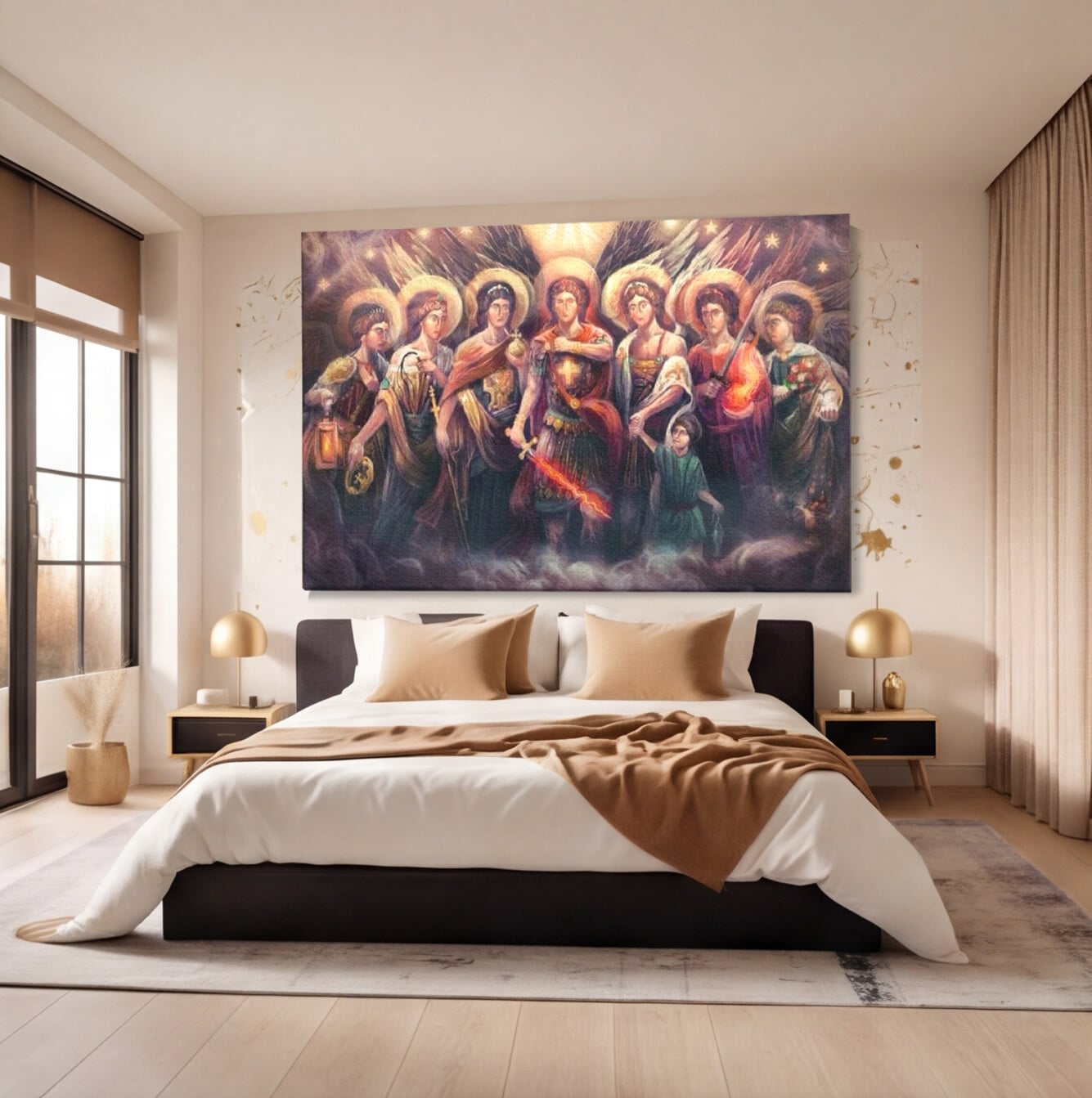 Tablou canvas cu tablou canvas cu sapte arhangheli si sabie luminata, fara rama, pe sasiu de lemn, pe perete intr-un dormitor